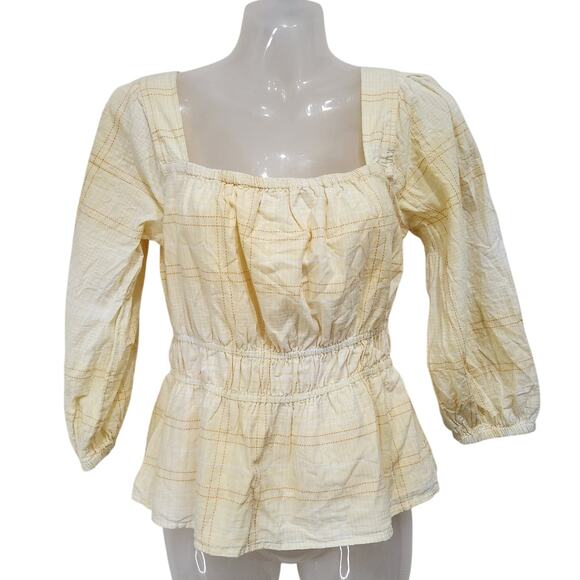 Free Assembly 3/4 Sleeve Square Neck Top Peplum Hem Cadmium Yellow Plaid Size XS - Picture 1 of 10